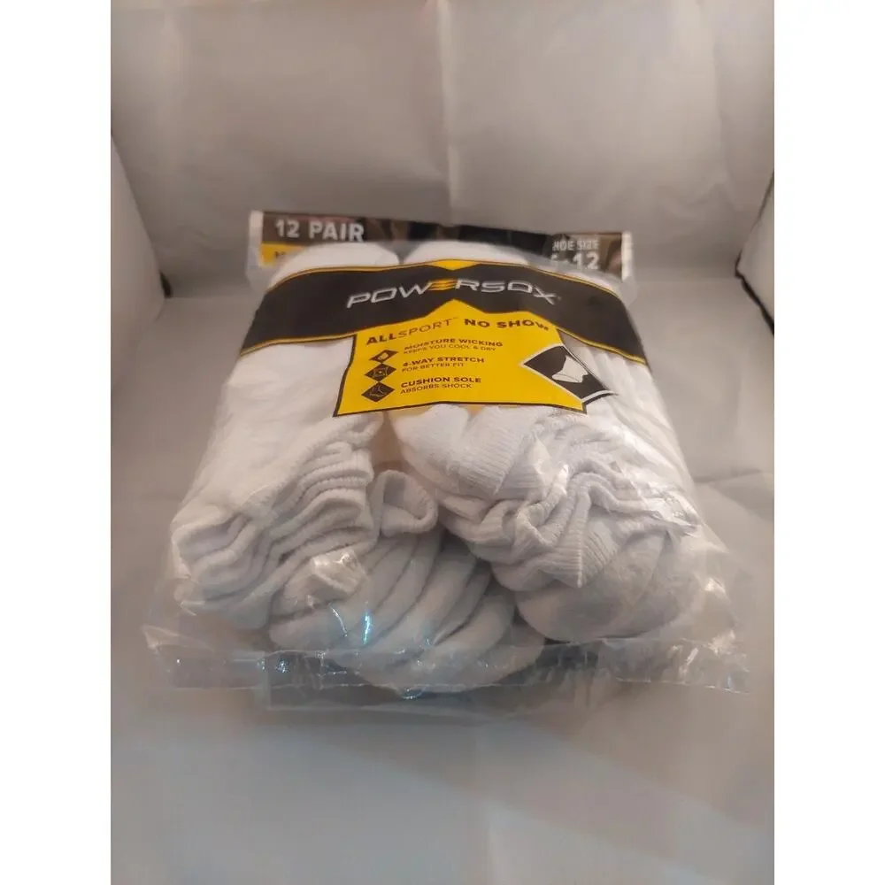 Men's Powersox All Sport Moisture Wicking No Show Socks 12 Pair White Large 6-12